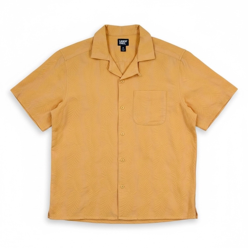 Lands End Mens Short Sleeve Camp Shirt Leaf Texture Orange Yellow Size M